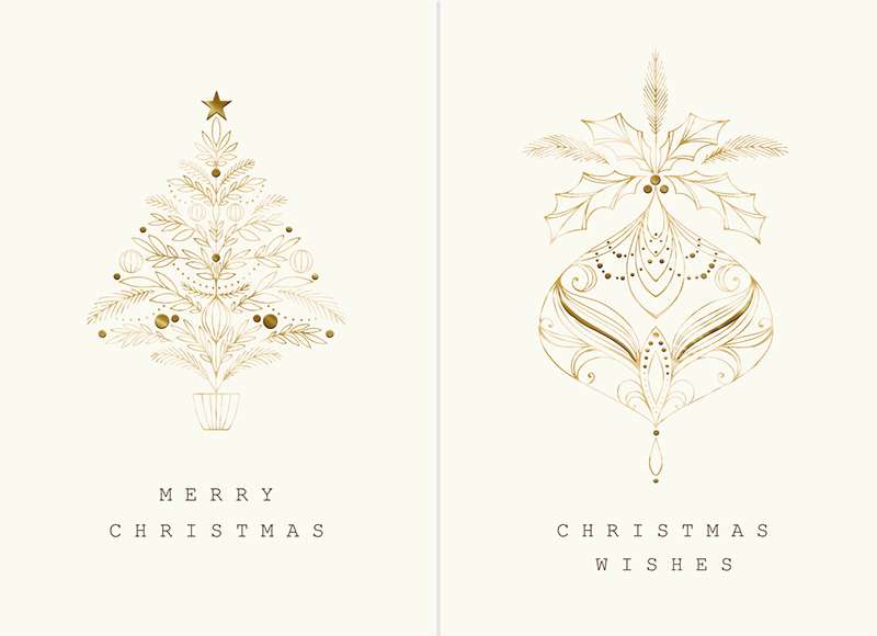 Hallmark Box of 10 Christmas Cards:  Gold Tree & Ornament