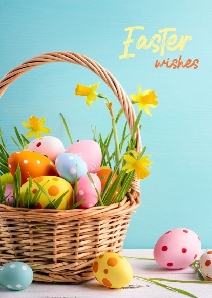 Easter Card: Basket of Eggs and Daffodils