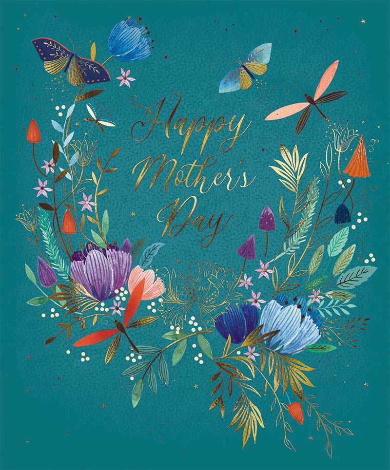 Mothers Day Card: Teal Botanical Wreath