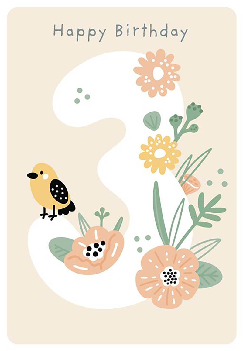 Bday Age 3 Flowers Bird