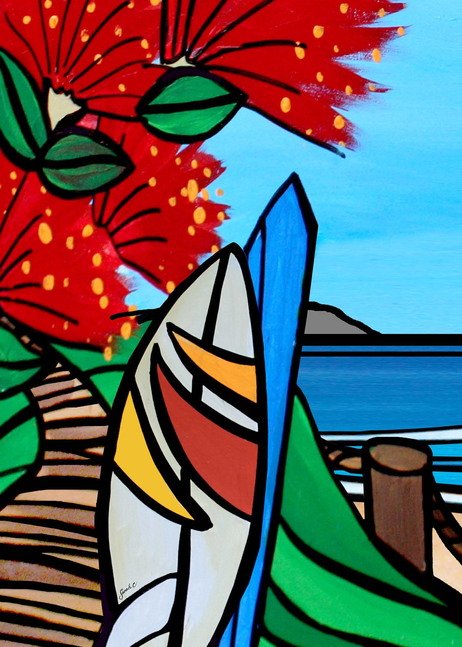 Sarah C: Pohutukawa and Surfboard