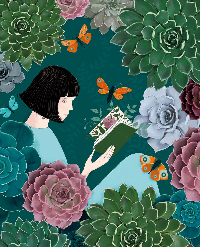 Agnes: Woman Reading Among Succulents