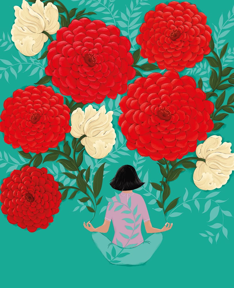 Agnes: Meditating Woman & Red Flowers